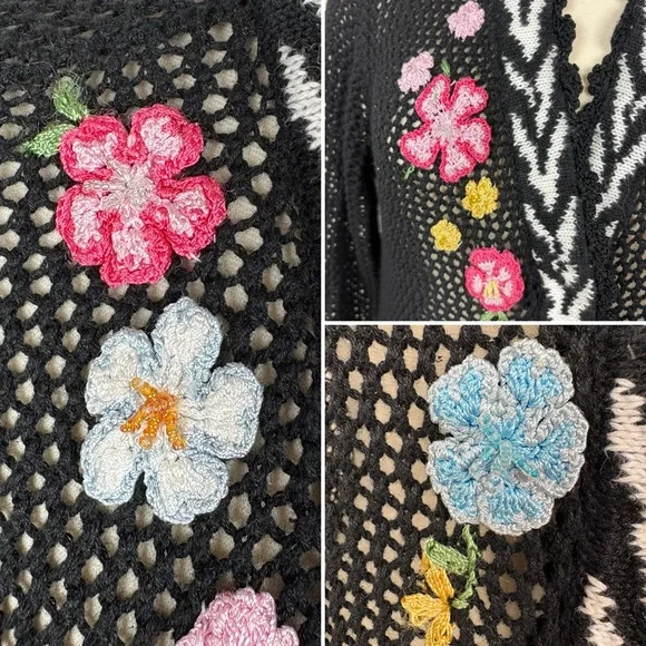 Storybook Knits Vintage Black Cardigan Size L Longline Beaded Floral Open Knit - Picture 5 of 17